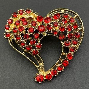 Yellow Gold with Ruby Red Crystal Open Heart Pin Back Brooch